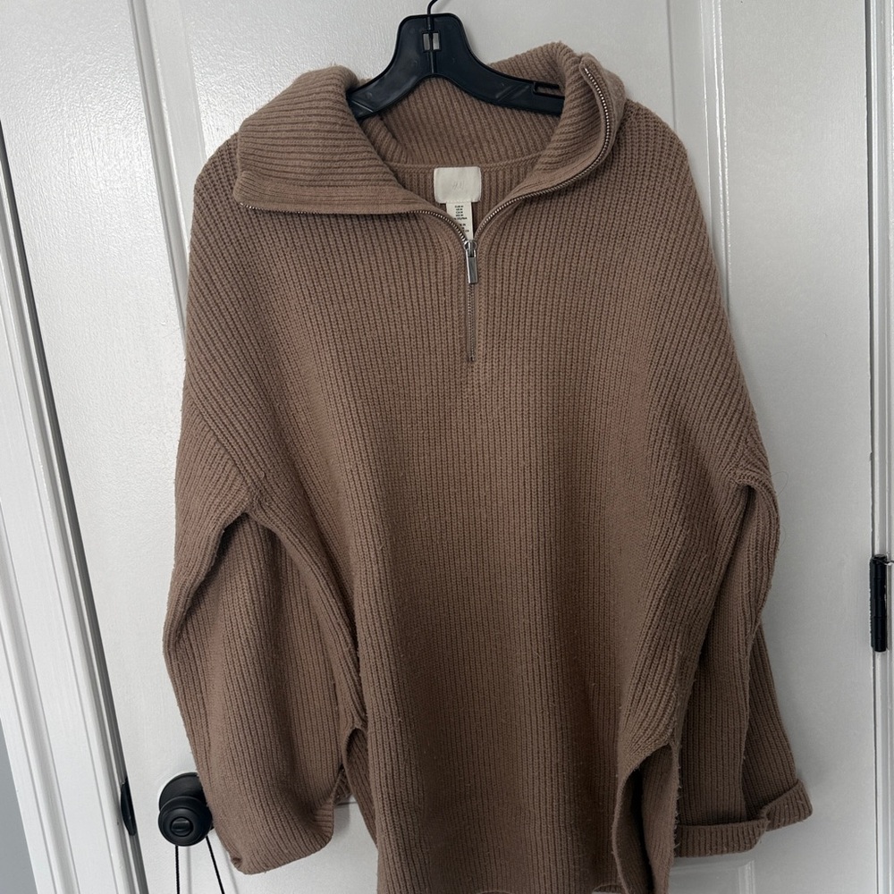 H&M Tan Ribbed Zip-Up Sweater